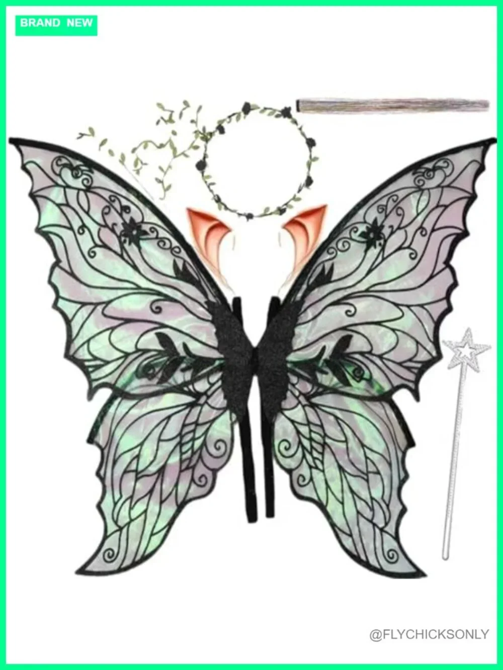 Fairy Wings Costume Set with Floral Garland, Wand & Elf Ears Organza